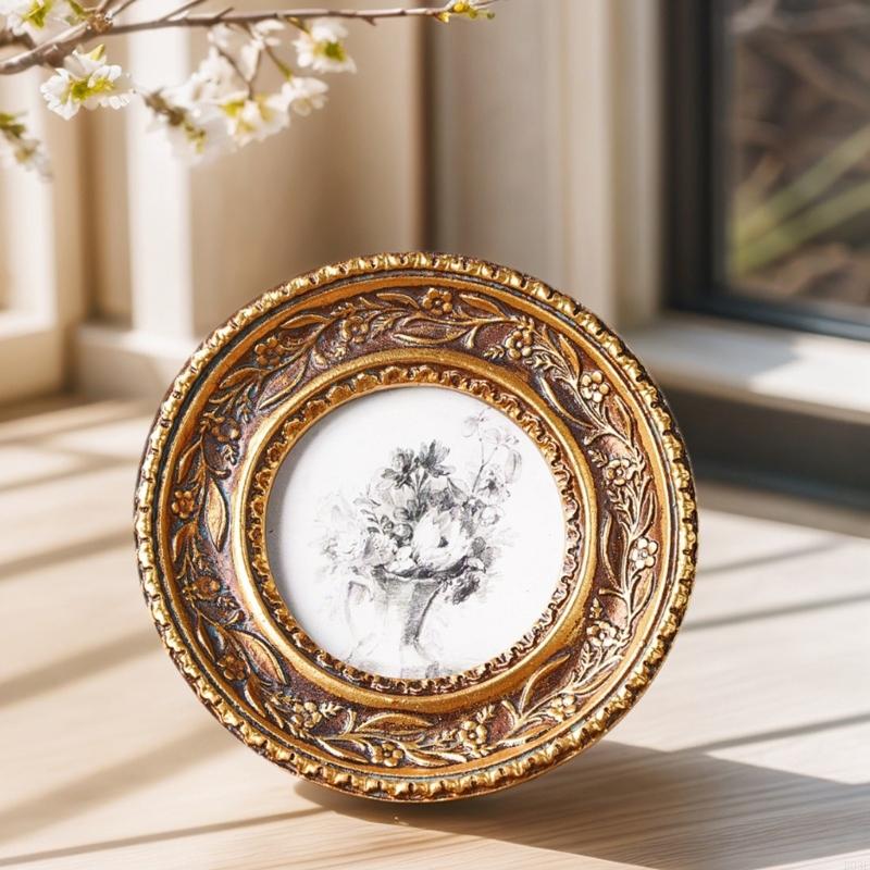 Rattan Mirror Round - Antik Bronz Altın Yuvarlak Fotoğraf Çerçevesi