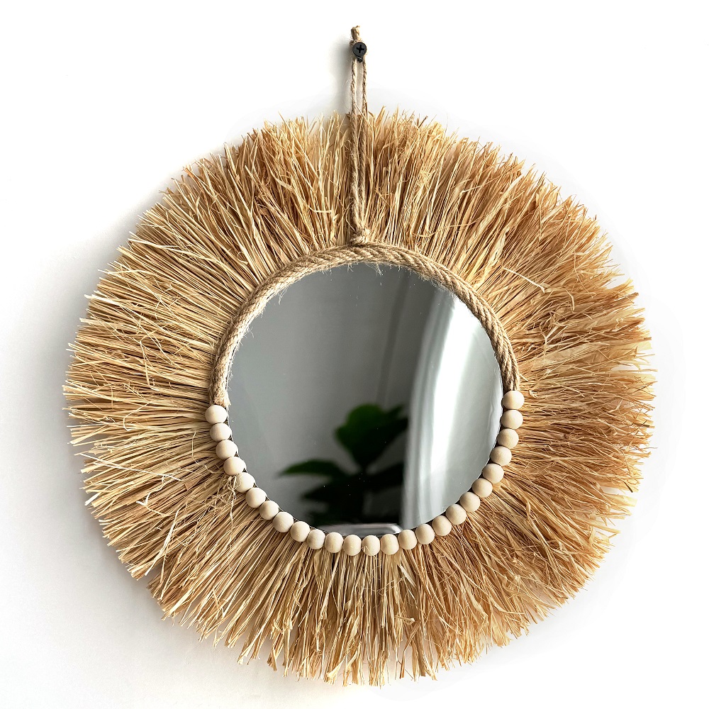 Rattan Mirror Round - El yapımı Boho Rafya Ayna Duvar